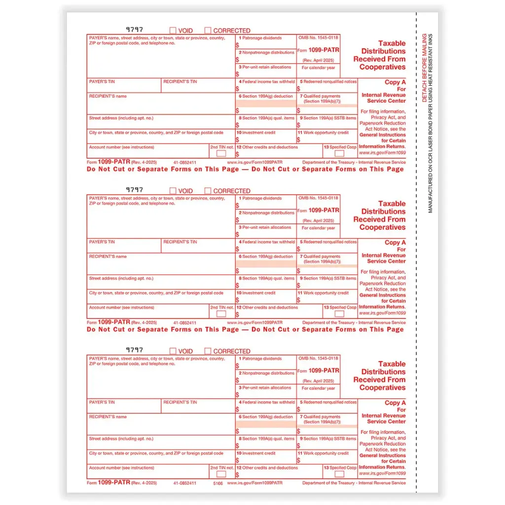 [516650] Tax Form 1099-PATR Federal Copy A (Patronage), 3-Up (516650)