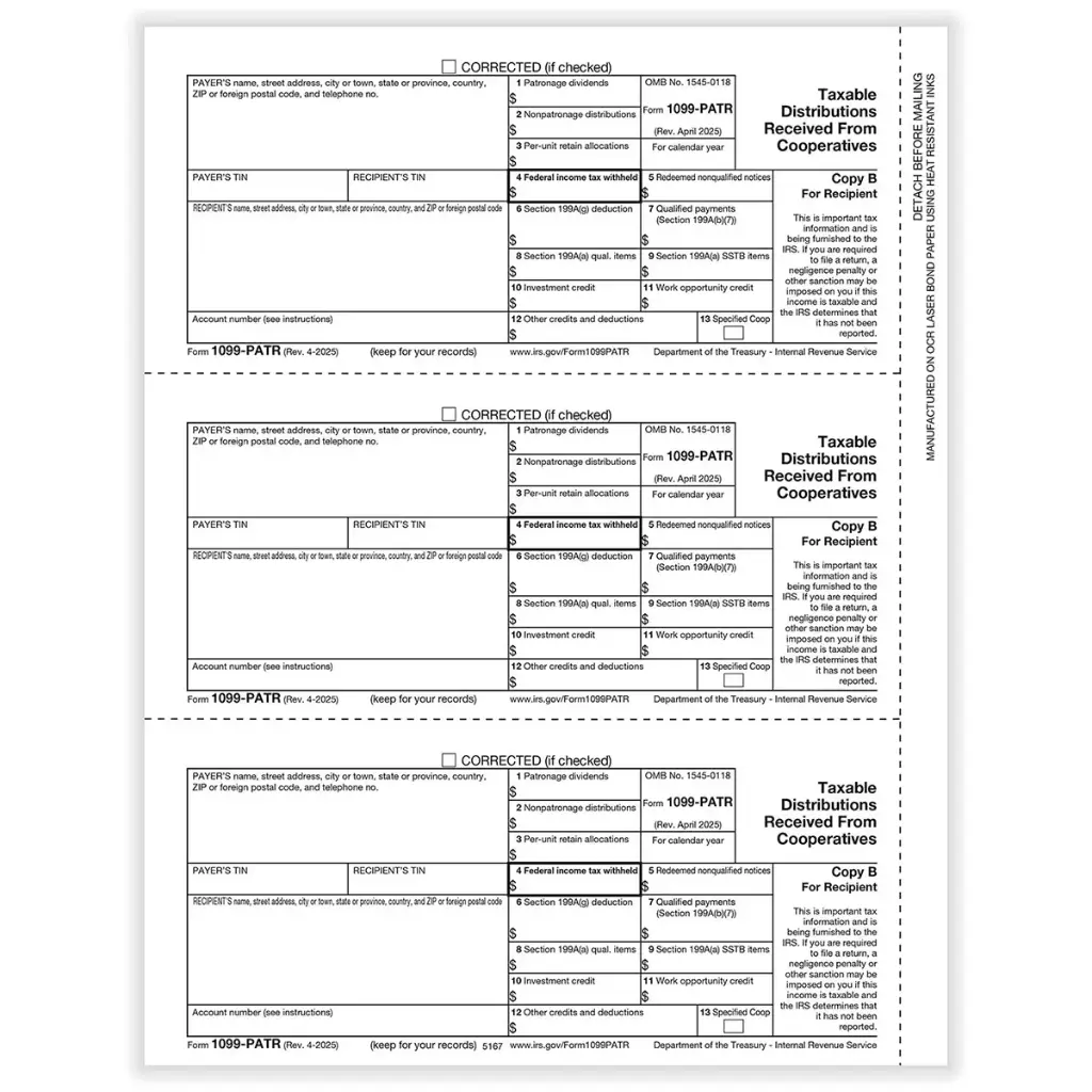 [516750] Tax Form 1099-PATR Recipient Copy B (Patronage), 3-Up (5167)