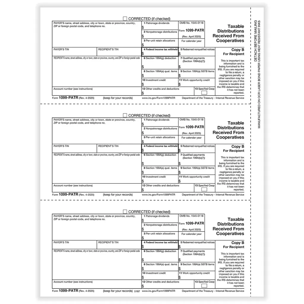 [516750] Tax Form 1099-PATR Recipient Copy B (Patronage), 3-Up (5167)
