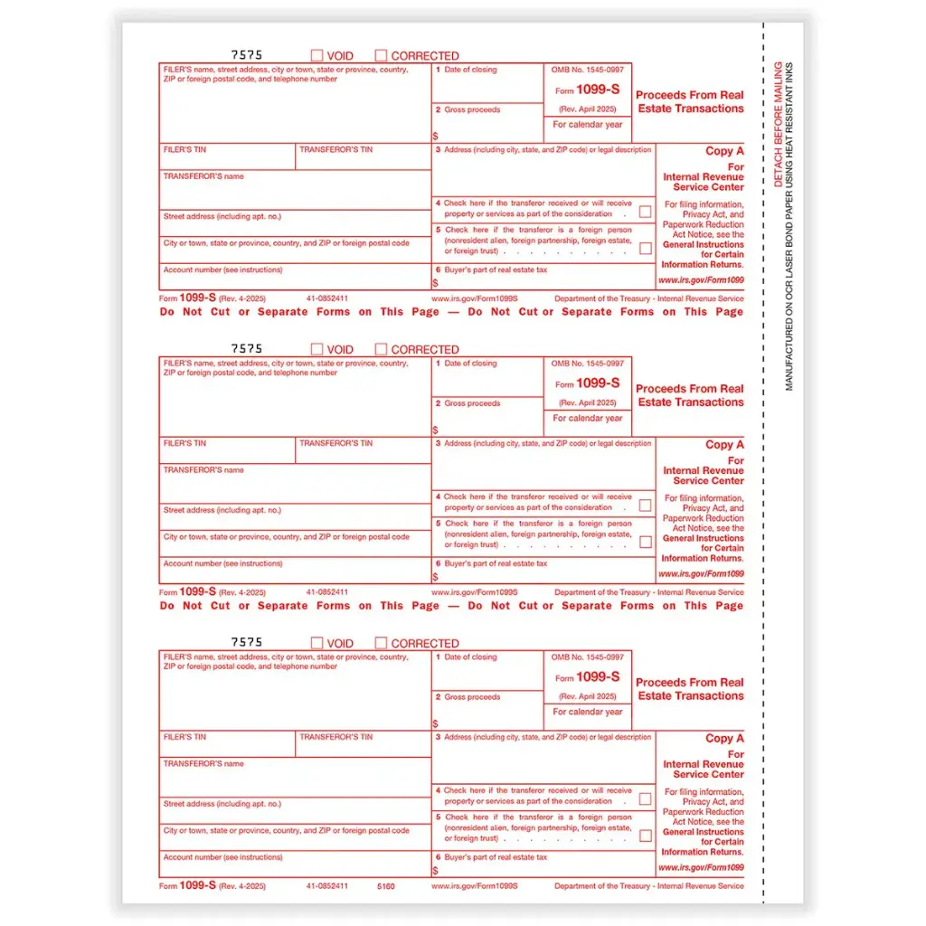 Tax Form 1099-S Federal Copy A, (Proceeds from Real Estate Transactions), 3-Up (5160)