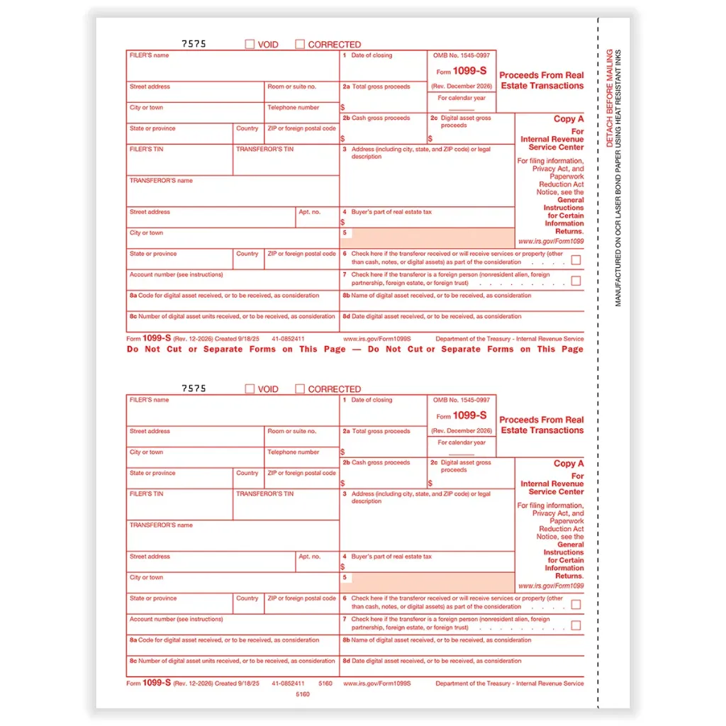 [516050] Tax Form 1099-S Federal Copy A, (Proceeds from Real Estate Transactions), 3-Up (5160)