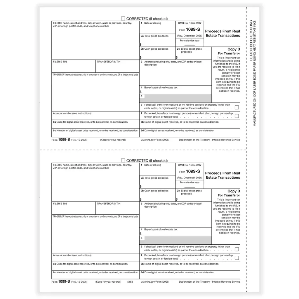 [516150] Tax Form 1099-S Transferor Copy B, (Proceeds from Real Estate Transactions), 3-Up (5161)