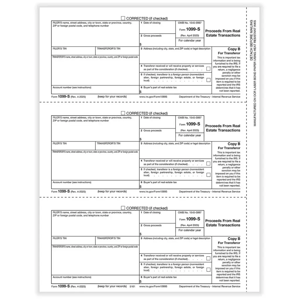 [516150] Tax Form 1099-S Transferor Copy B, (Proceeds from Real Estate Transactions), 3-Up (516150)