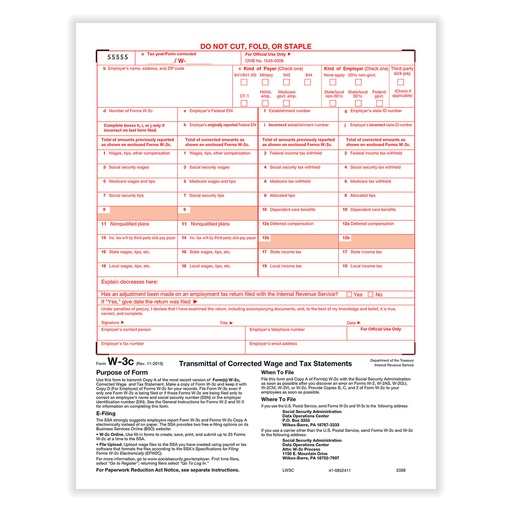 [530925] Tax Form W-3C Correction Summary Employer Federal (530925)