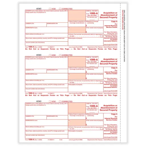 Tax Form 1099-A Federal Copy A, 3-Up (514650)