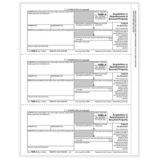 Tax Form 1099-A Borrower Copy B, 3-Up (514750)