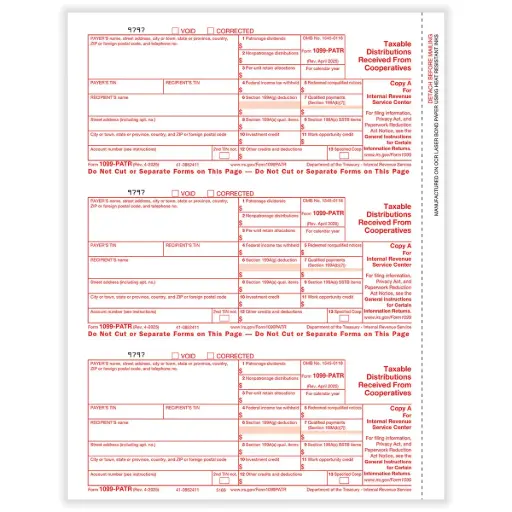 Tax Form 1099-PATR Federal Copy A (Patronage), 3-Up (516650)