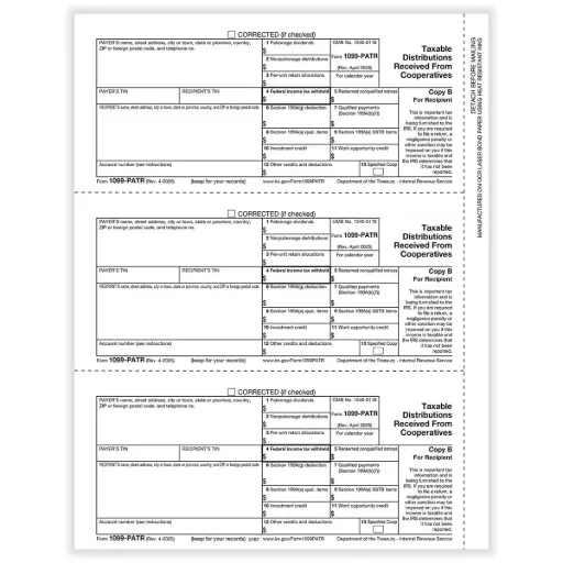 Tax Form 1099-PATR Recipient Copy B (Patronage), 3-Up (516750)