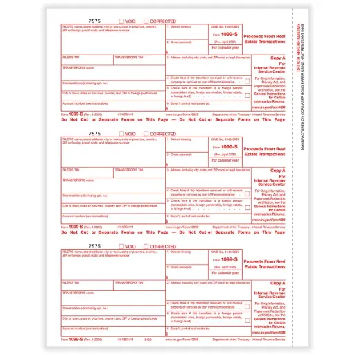 Tax Form 1099-S Federal Copy A, (Proceeds from Real Estate Transactions), 3-Up (516050)